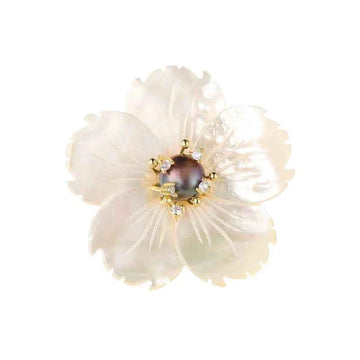 Natural shell flower brooch, baroque pearl center, gold-tone rhinestones (Style A)