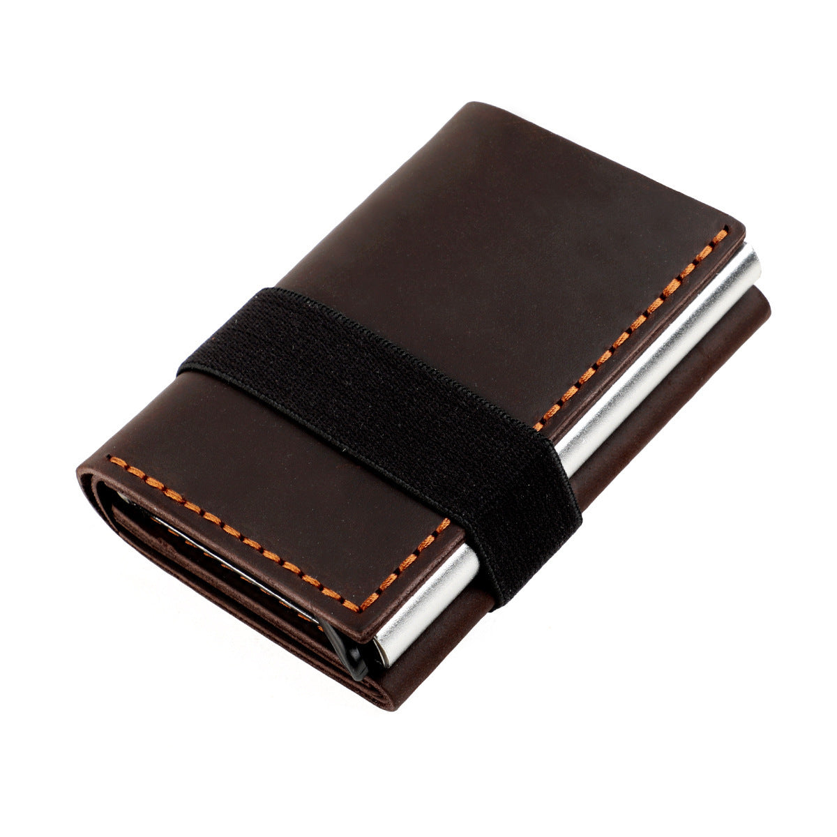 Leather RFID Blocking Card Holder Wallet Pop-Up Aluminum Case Coffee