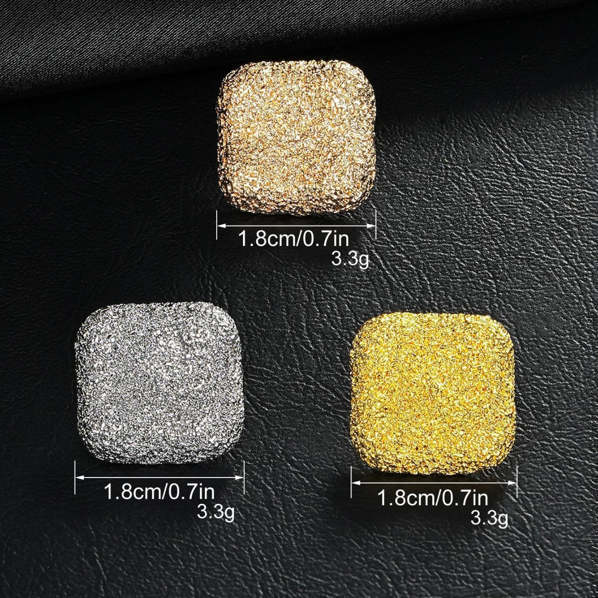 Square textured metal shank buttons in gold and silver, shown with size labels