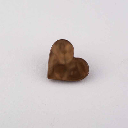 Brown flat heart button with metal shank, glossy front