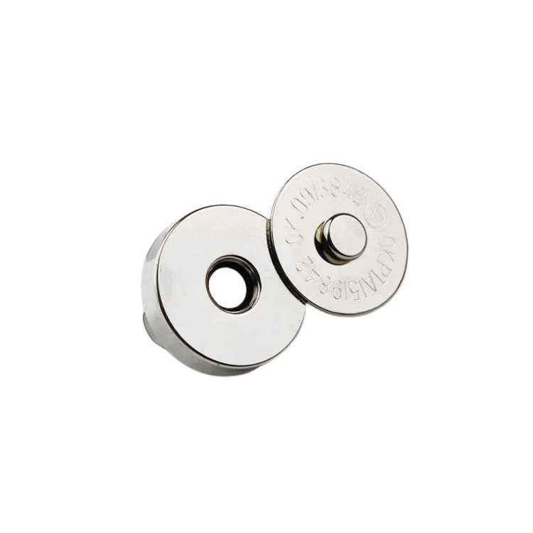 18mm magnetic snap fastener close-up, silver round plates with center hole and pin