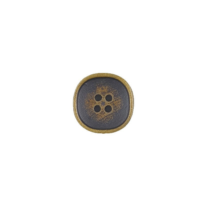 Dark wood four-hole button with brown rim, round concave face