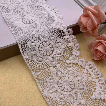 White wave cotton lace trim with embroidered floral medallions and scalloped edge