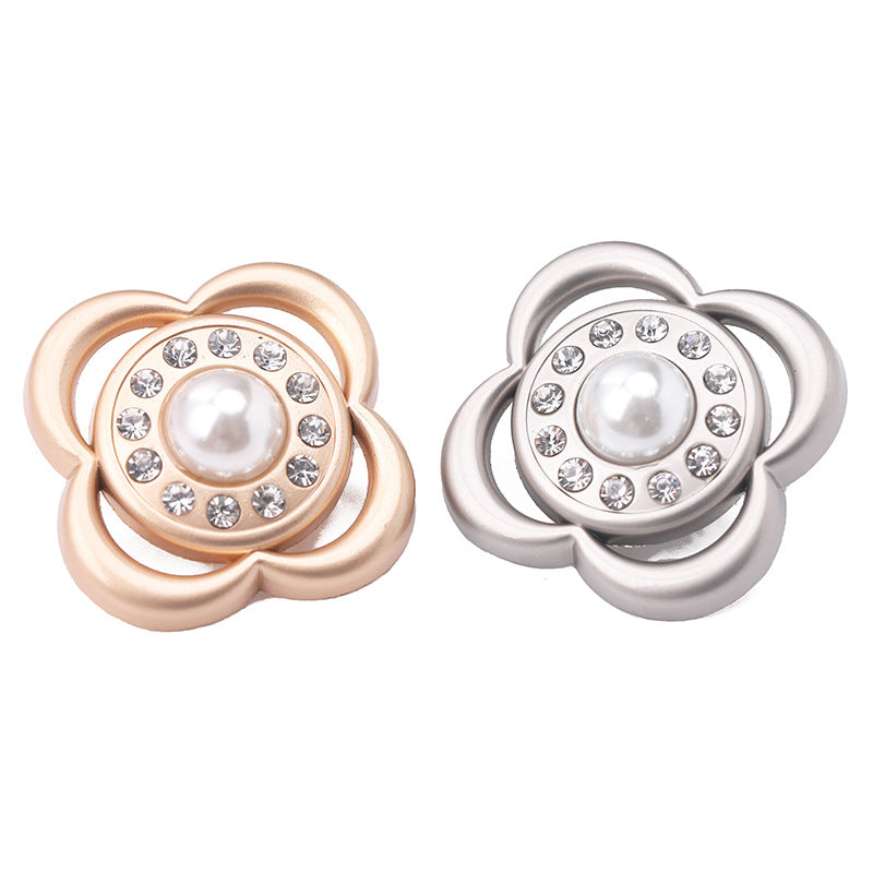 Flower Pearl & Rhinestone Shank Button, gold finish, flower design with pearl center