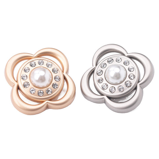 Flower Pearl & Rhinestone Shank Button, gold finish, flower design with pearl center