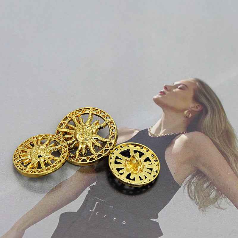 Runde Sonnenburst-Hohlknöpfe zum Annähen, goldfarben, metallene Knöpfe mit Sonne