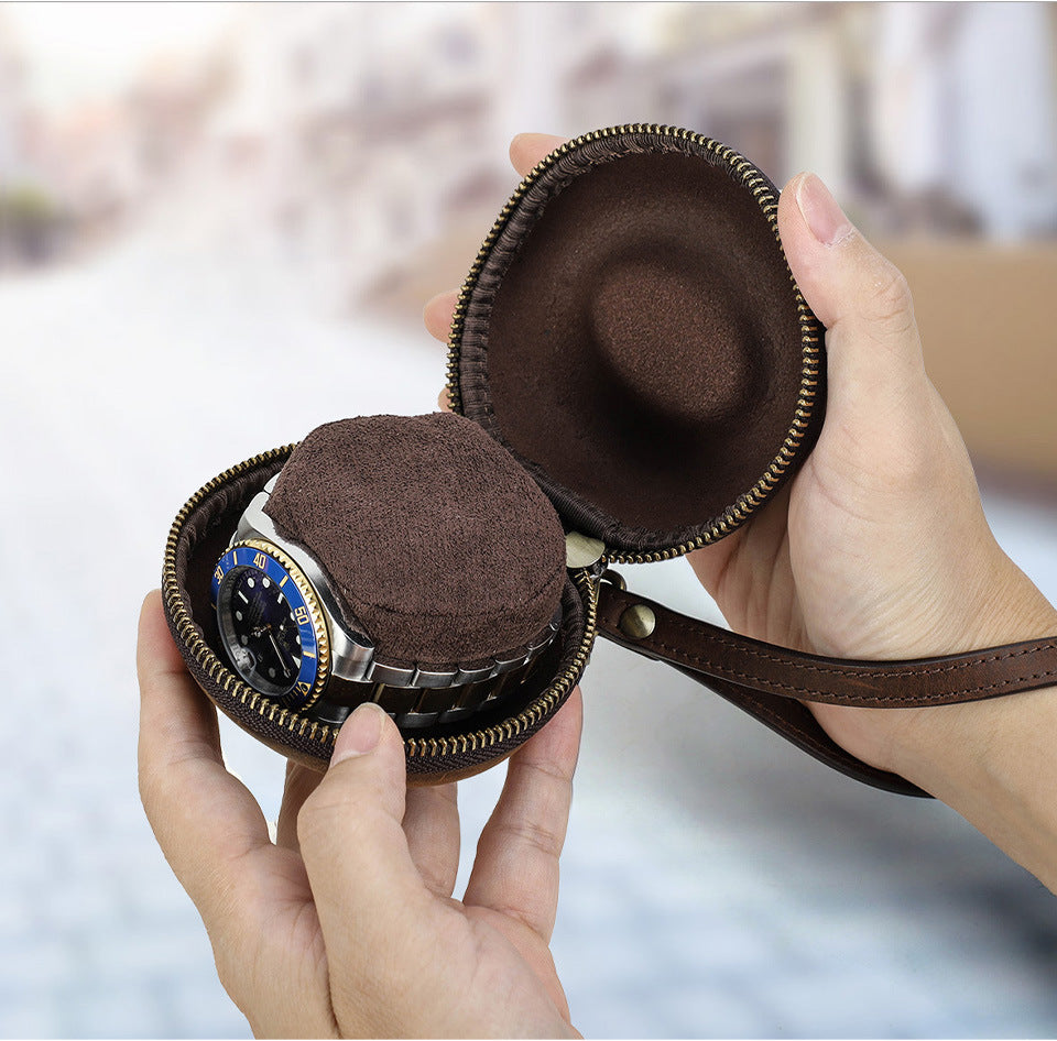Vintage Round Leather Single Watch Case Box with Removable Wrist Cushion