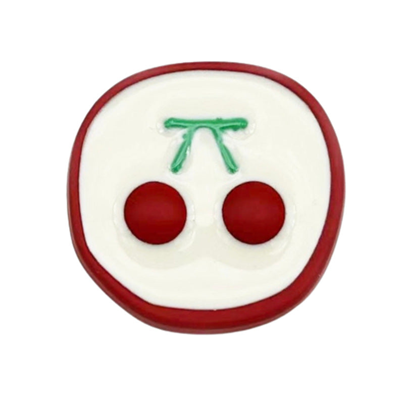 Red cherry-shaped metal shank button, two red domes and green stem