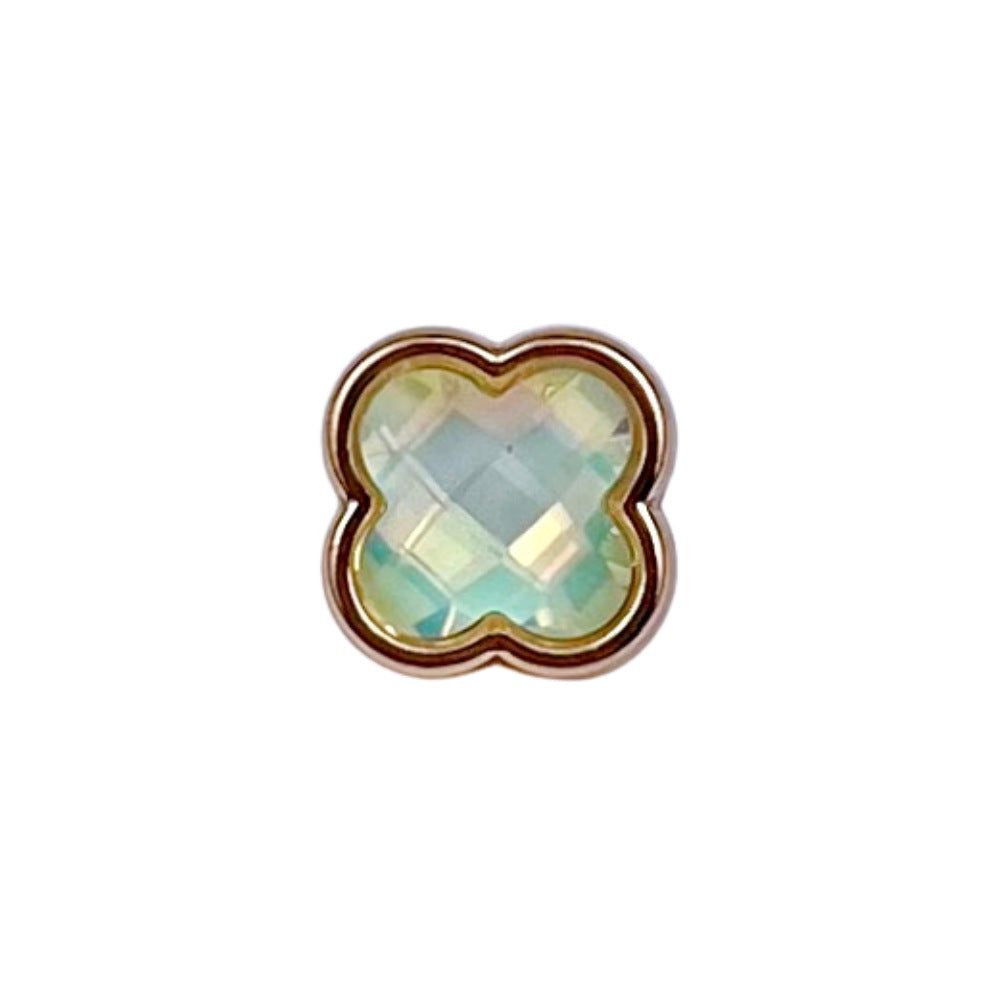 Four-leaf clover metal button, green iridescent stone with gold-tone edges