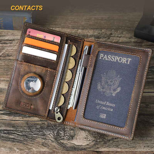 Full Grain Leather Airtag Passport Holder RFID Blocking Travel Wallet