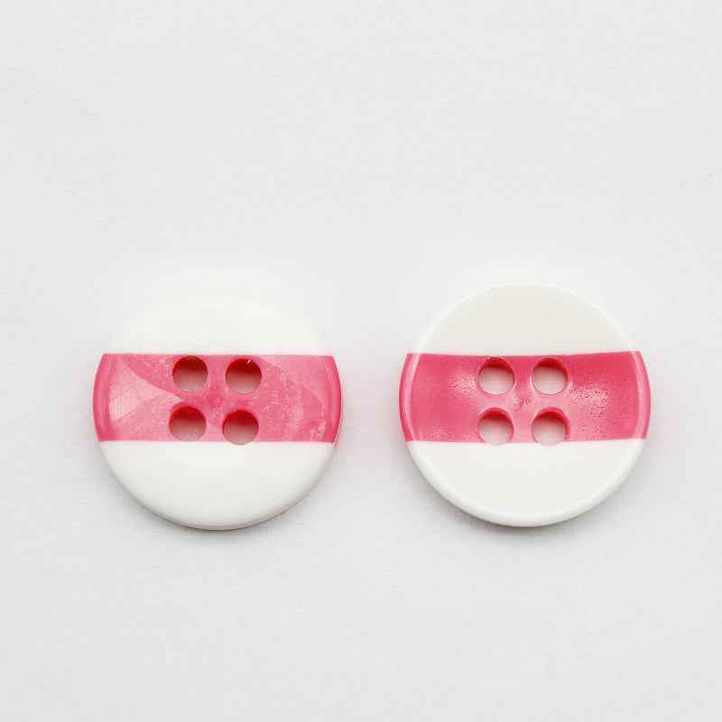 Dual-tone round resin button, 4-hole: pink top on white base (pair)