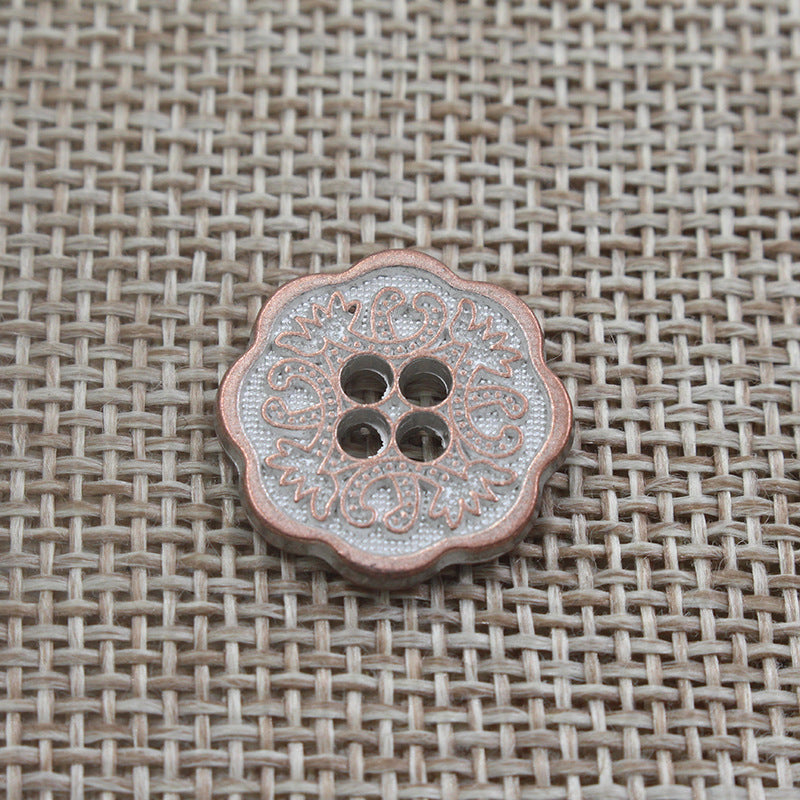 Rose-gold vintage floral 4-hole alloy button with ornate round filigree
