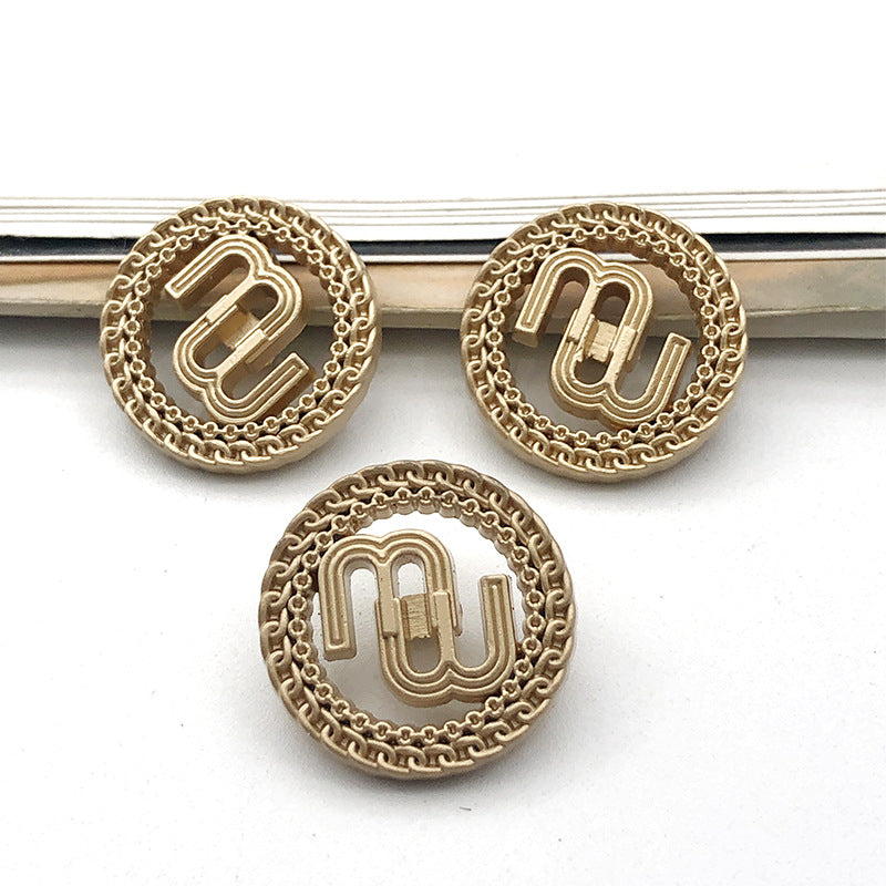 20mm round pierced double M metal shank buttons, antique gold tone, 3 shown