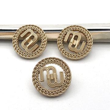 20mm round pierced double M metal shank buttons, antique gold tone, 3 shown