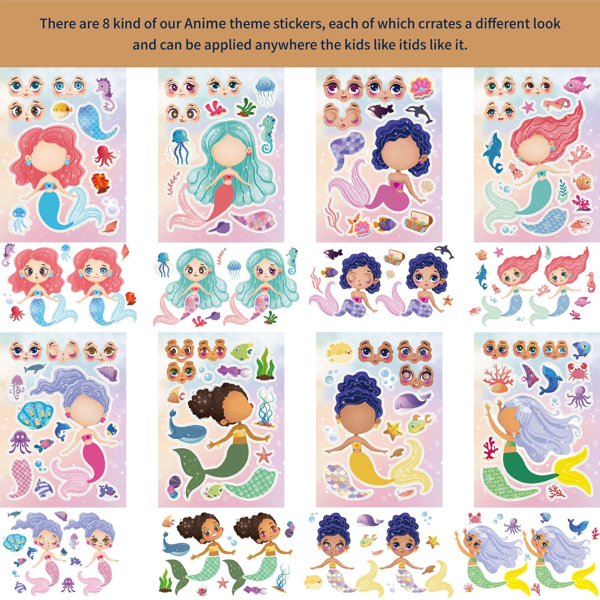 32pcs Mermaid Make a Face Sticker Sheets for Kids Girls
