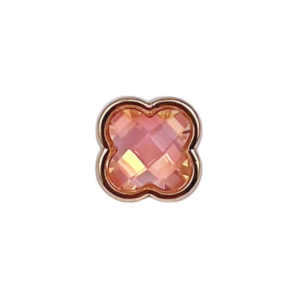 Four-leaf clover metal button, pink iridescent stone with gold-tone edges