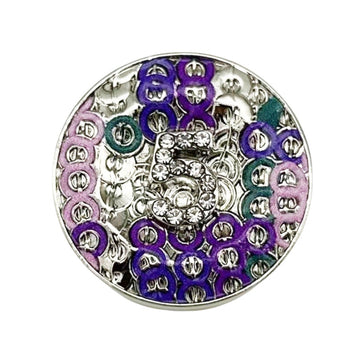 Vintage enamel metal button, number 5 motif, purple and teal mosaic, silver edge