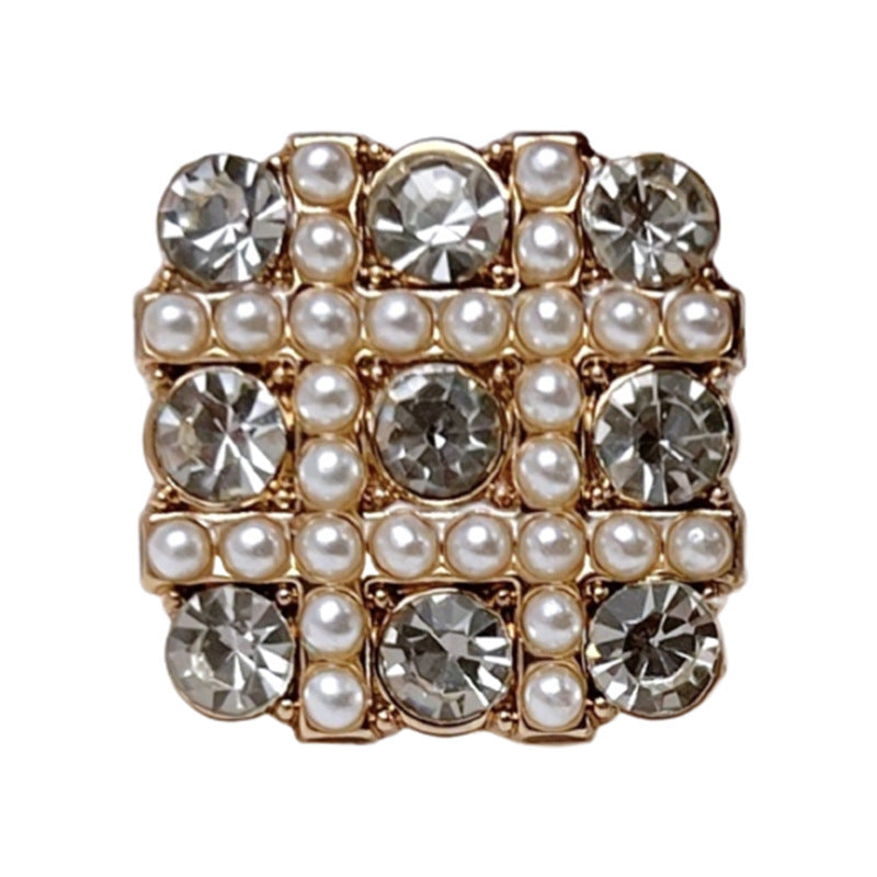 Square rhinestone and faux pearl shank button, gold-tone metal setting, textured mesh
