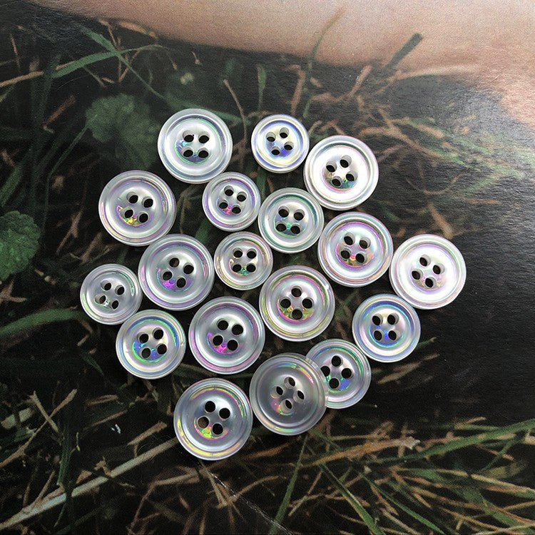 Round 4-hole pearlized resin buttons with metallic sheen, assorted colors (10mm)