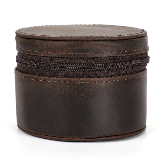 Caja redonda para un solo reloj de cuero | Estuche de viaje para reloj con cremallera de piel de vaca vintage