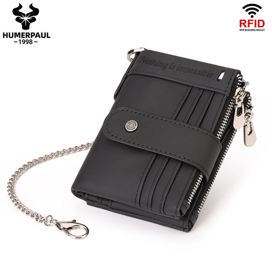 RFID Genuine Leather Card Holder Men's Wallet Double Zipper Black