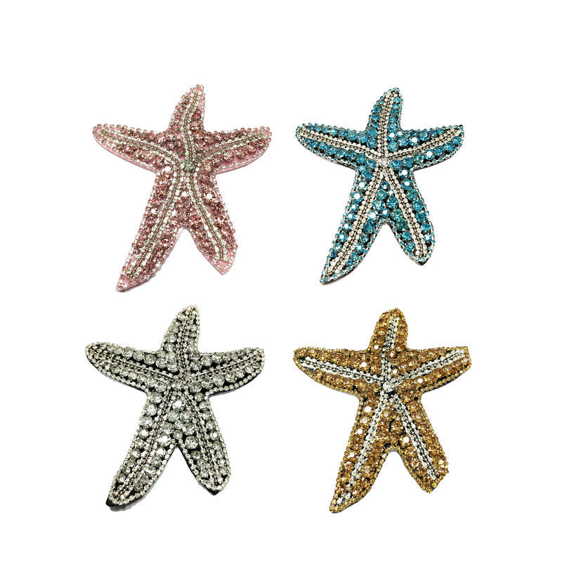Pink and silver rhinestone starfish embroidered patch, beaded look