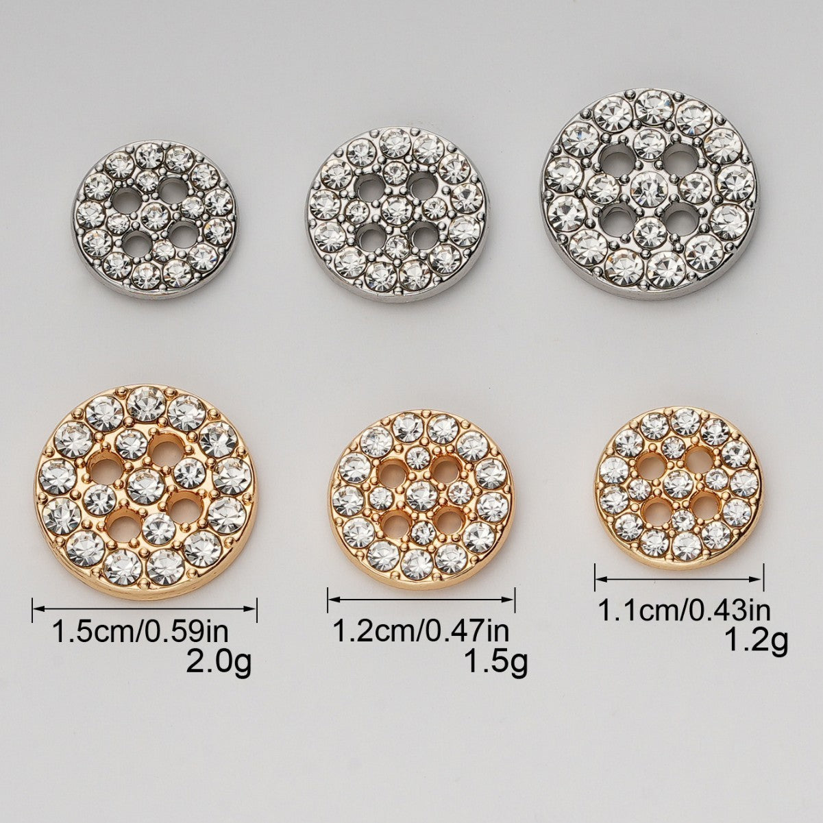 Gold round rhinestone 4-hole metal shirt button with sparkling crystal settings