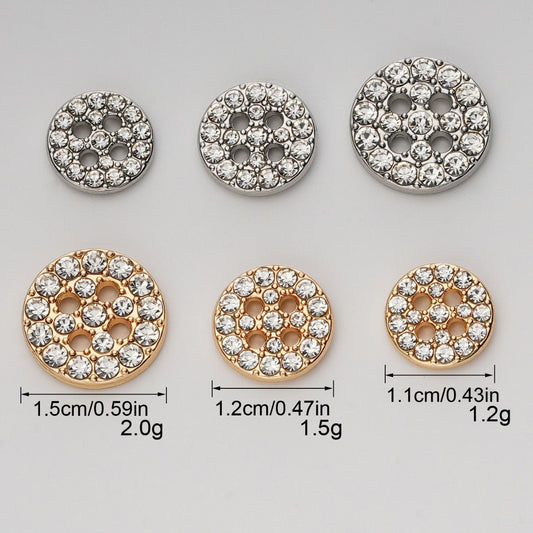 Gold round rhinestone 4-hole metal shirt button with sparkling crystal settings
