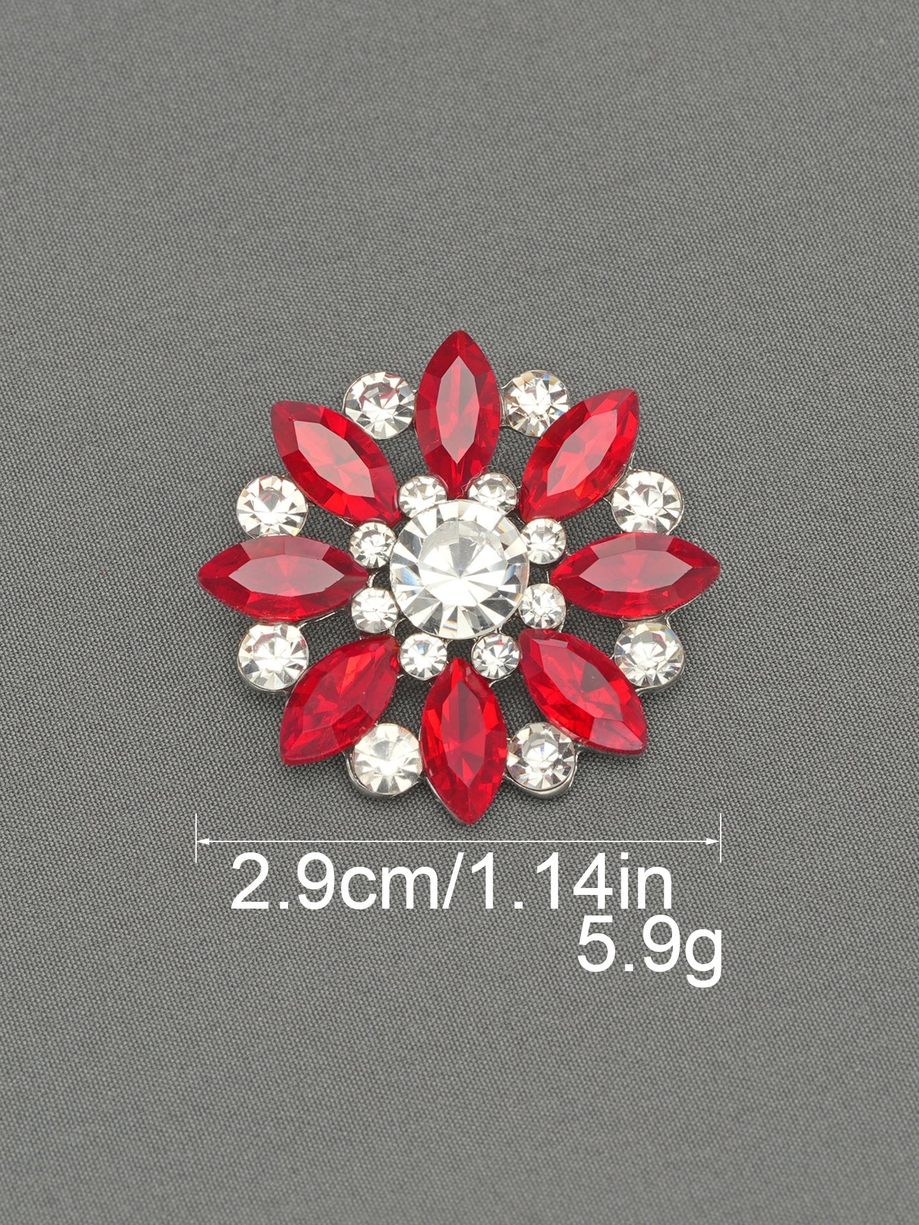 Red and clear crystal flower shank button with rhinestones, 2.9cm wide