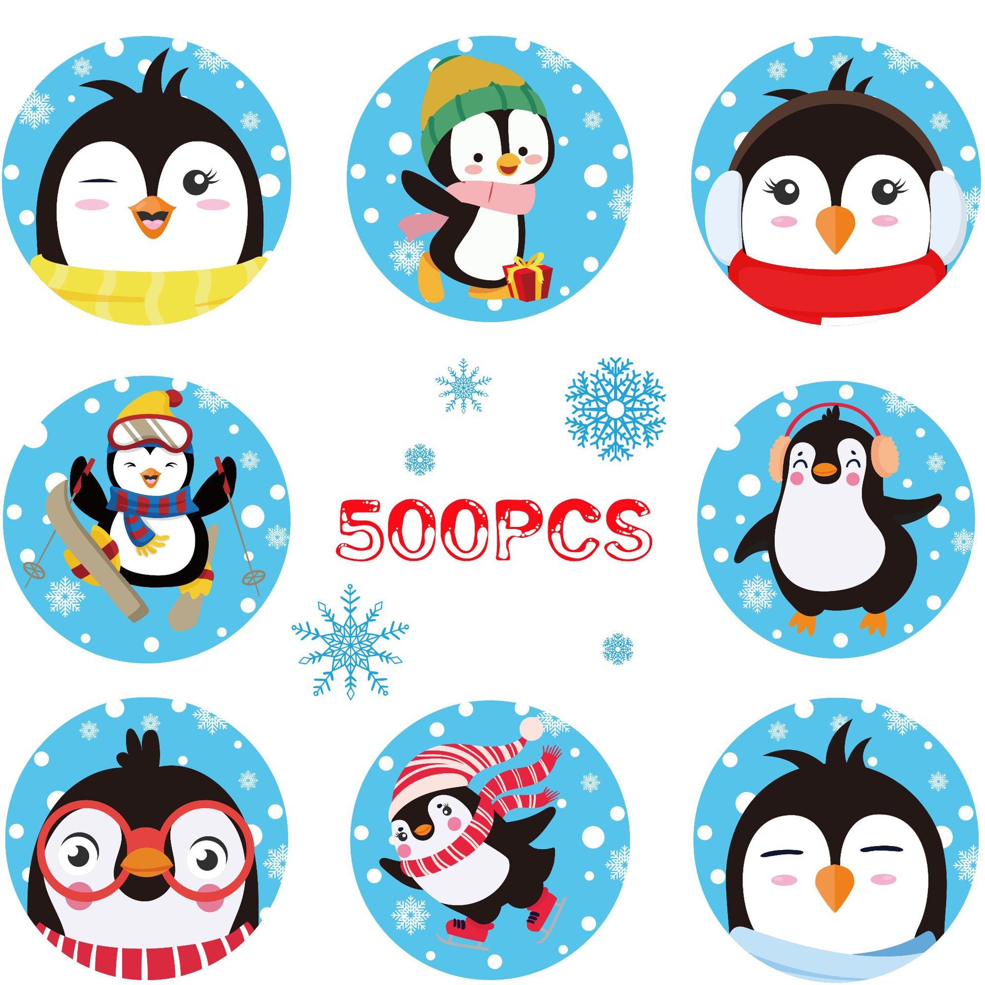 500pcs Penguin Winter Self-Adhesive Stickers Roll 1.5 Inch