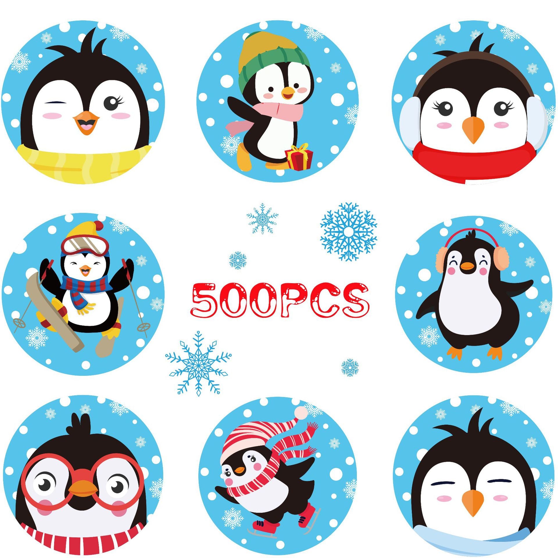 500pcs Penguin Winter Self-Adhesive Stickers Roll 1.5 Inch - TTpen