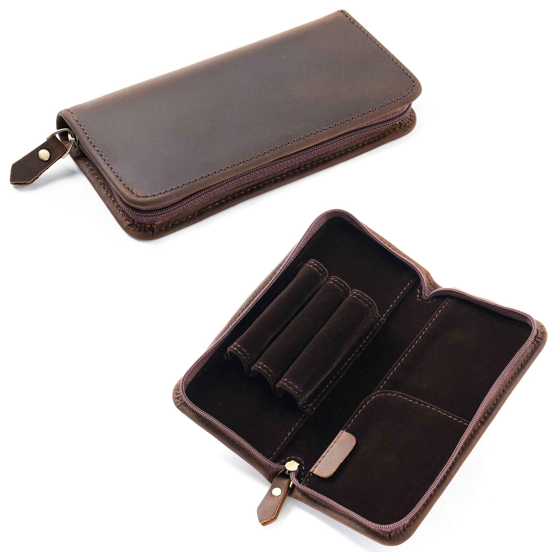 Crazy Horse Leather Fountain Pen Pouch Full-Grain Cowhide Zipper Case Coffee