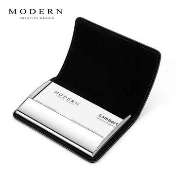 MODERN Black Leather & Stainless Steel Business Card Holder