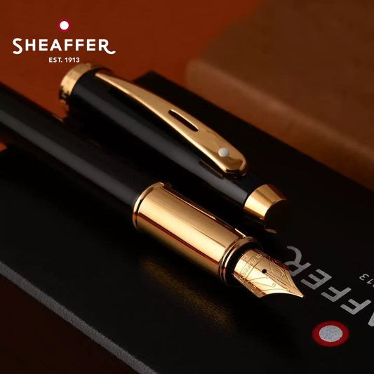 Sheaffer 100 Fountain Pen – Fine Nib (~0.5mm), Gold Clip | Polished Chrome / Black Lacquer / Dark Blue-Grey