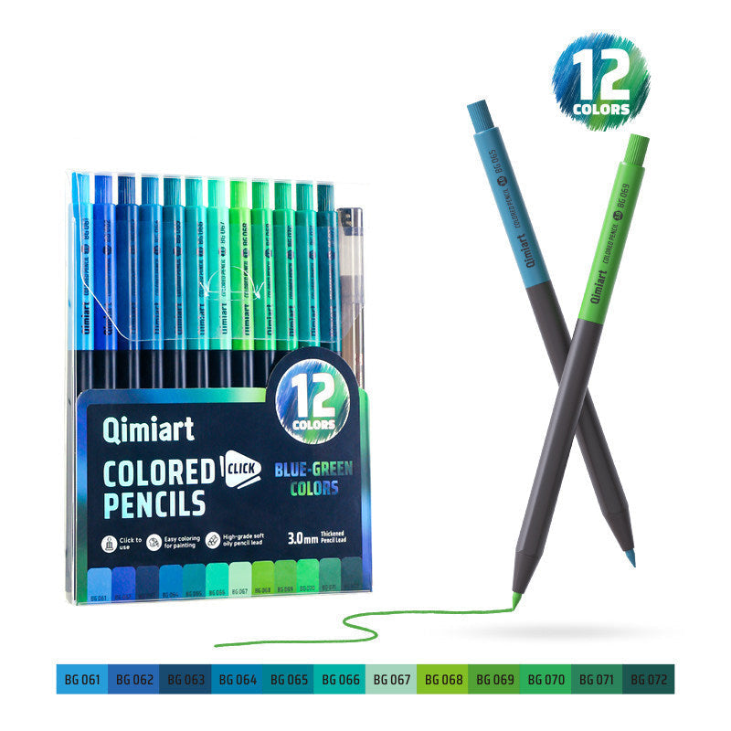 Qimiart Click Retractable Colored Pencils Set of 12 Oil-Based Includes Sharpener Blue Green