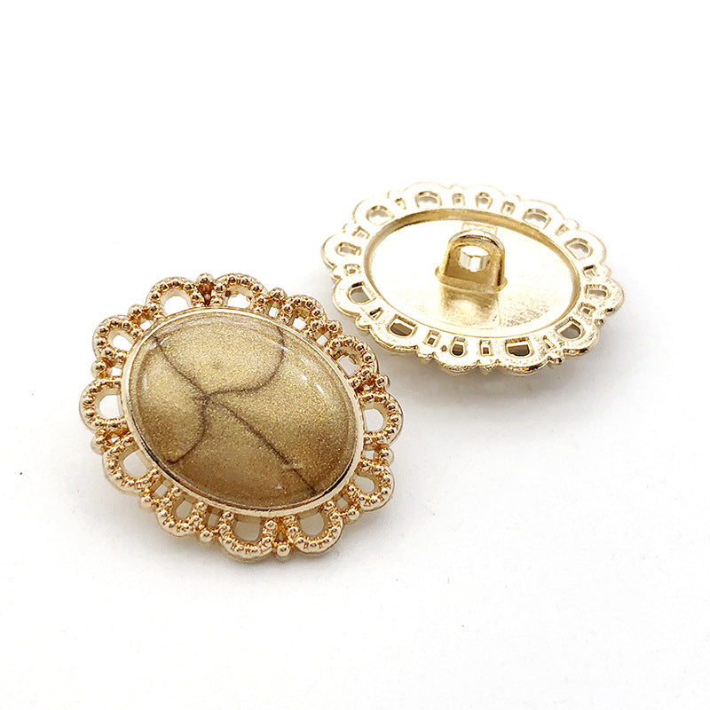 Irregular gold metal shank button, Style 11, round filigree edge, clear gold center