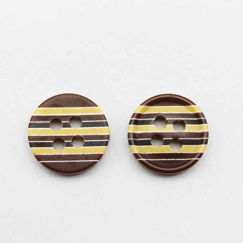 12mm resin buttons, brown with yellow striped bands, 4-hole, pair