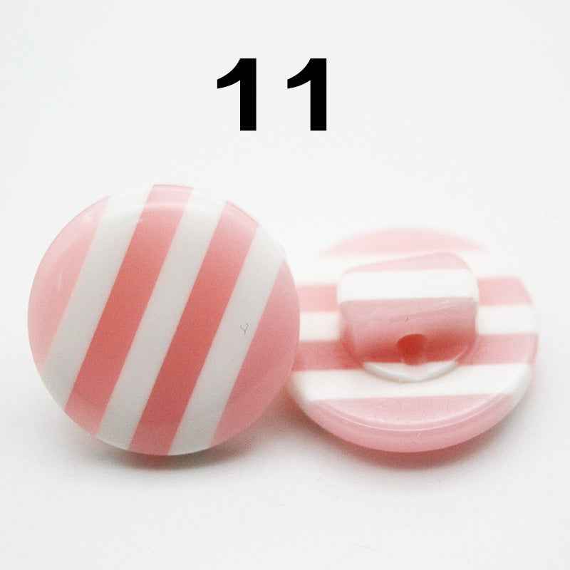 Rainbow striped resin shirt button, round, pink/white vertical stripes with pink shank; Color 11