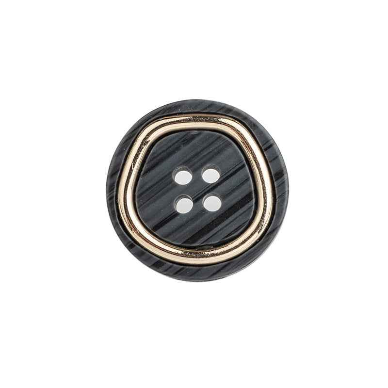 Black 4-hole metal-resin suit button, gold rim, four stitch holes