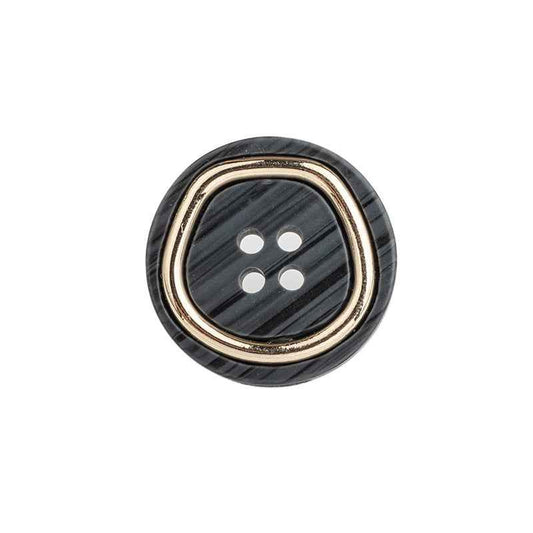 Black 4-hole metal-resin suit button, gold rim, four stitch holes