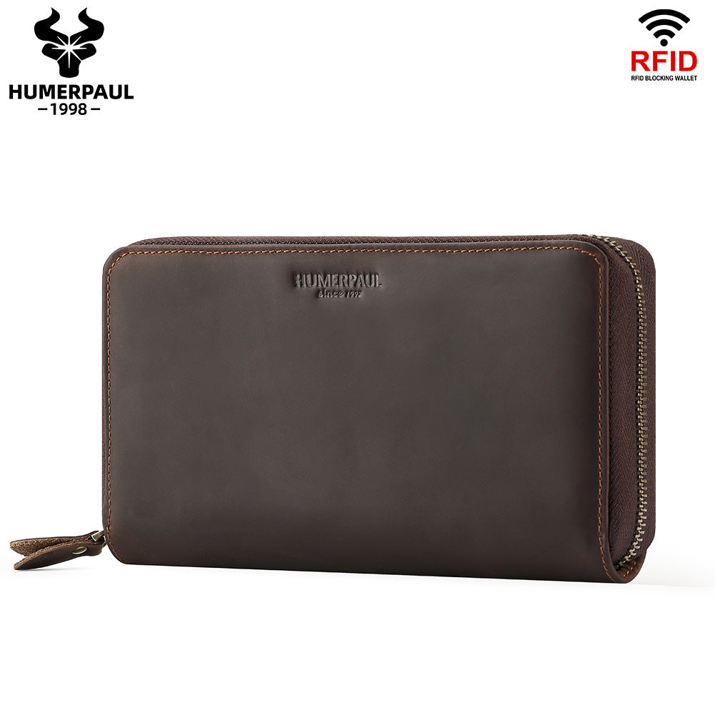 Men's RFID Long Leather Wallet – Full Grain Cowhide Zip Clutch Coffee
