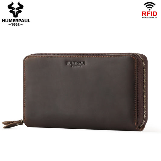Men's RFID Long Leather Wallet – Full Grain Cowhide Zip Clutch Coffee