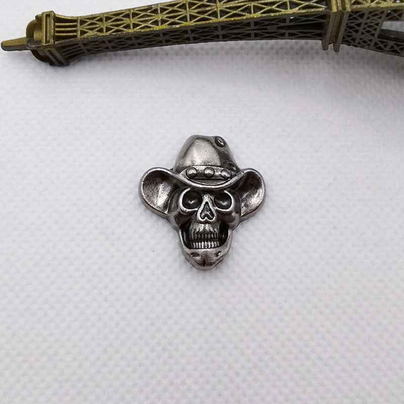 Single cowboy-hat skull rivet stud, antique silver metal