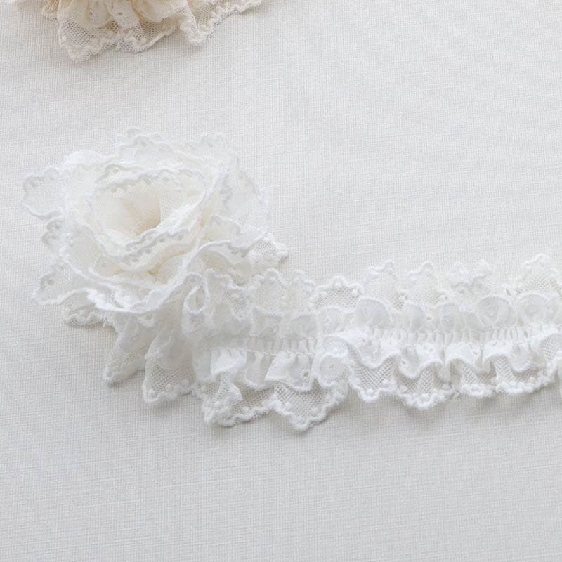 White lace ruffle trim with elastic backing, double-layer pleated design