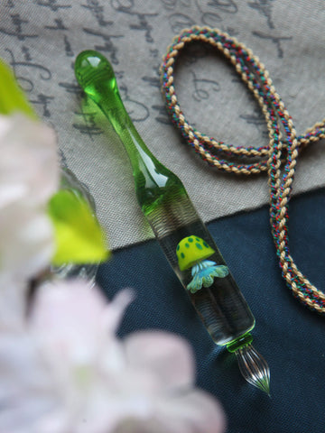 Pluma de vidrio de inmersión con medusa verde limón – Pluma de vidrio artístico transparente con plumín para probar tintas y caligrafía