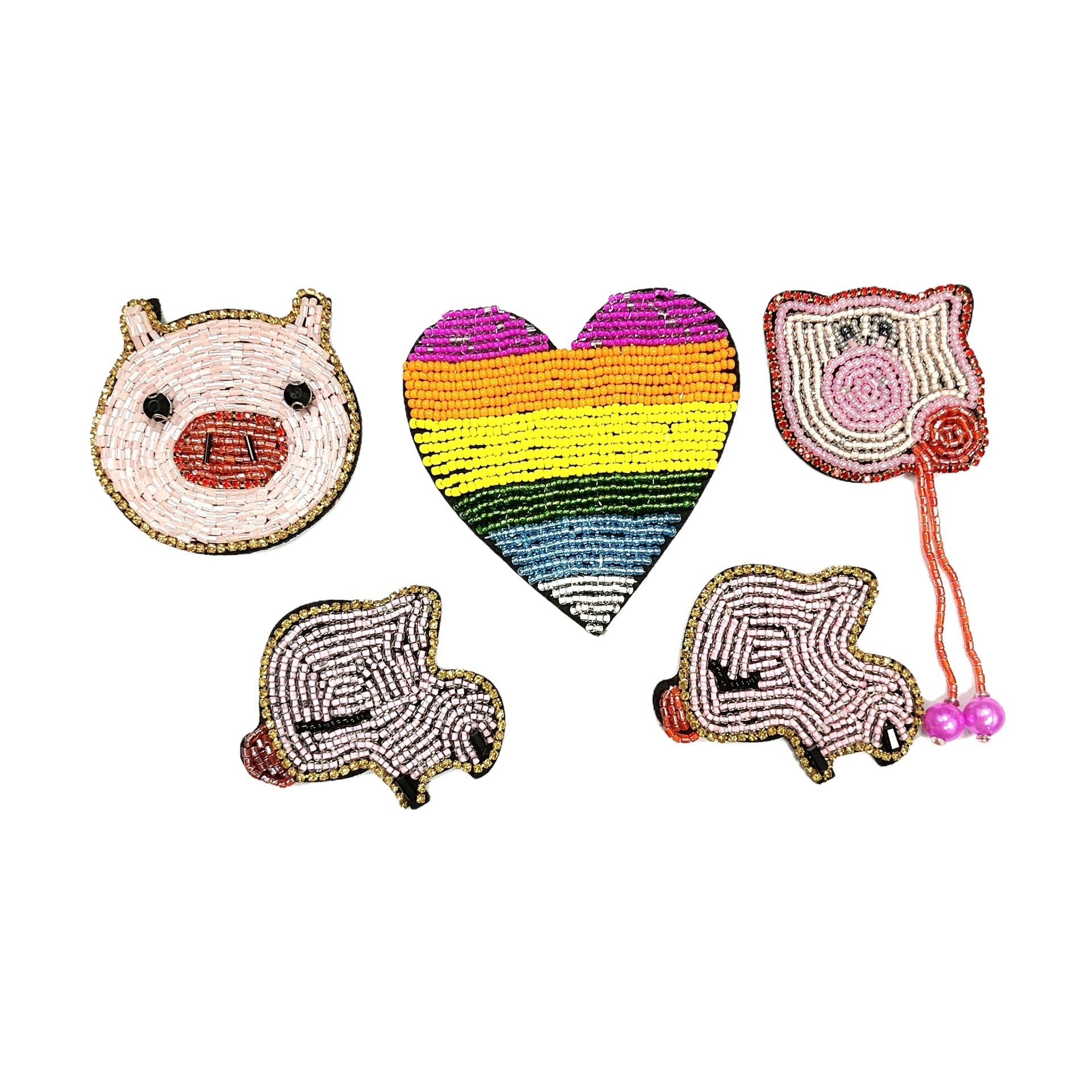 5-pack pig beaded crystal fabric patches, multicolor designs with rhinestone trim