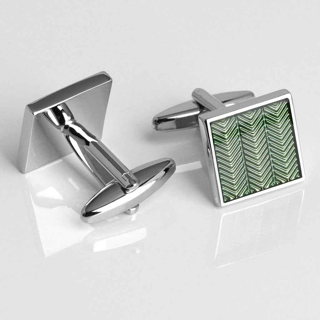 Square French cufflinks in light green with silver backs and striped textured front