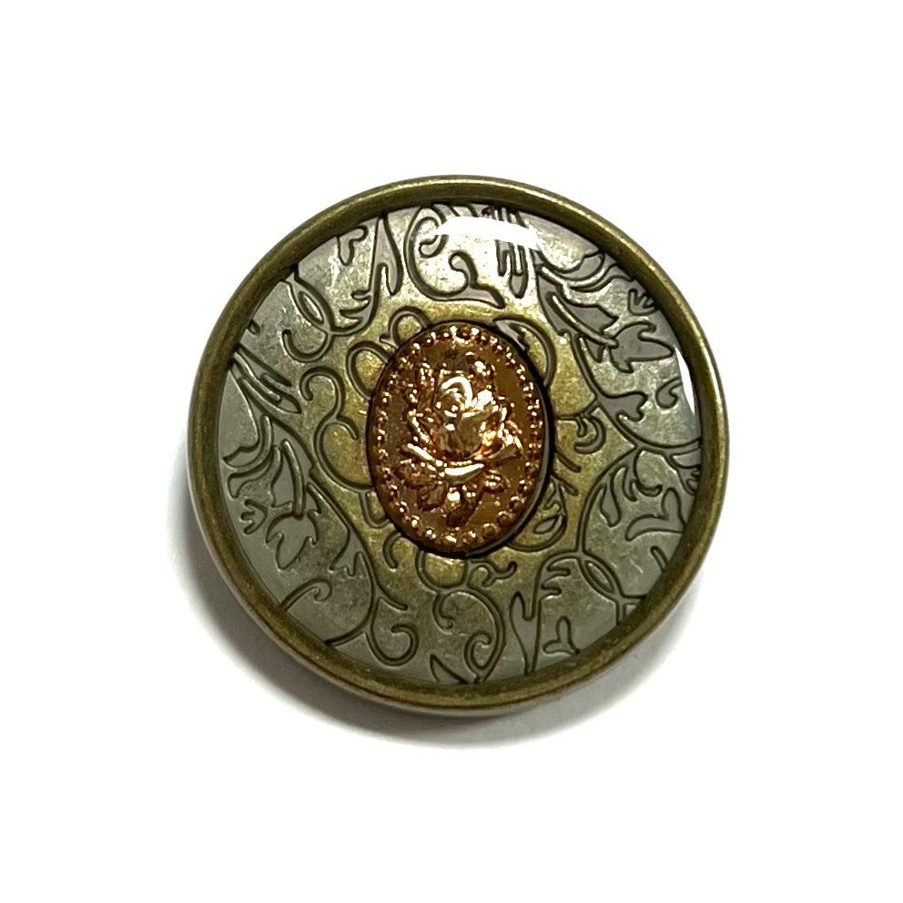Vintage spiral metal shank button, bronze outer rim and gray filigree center