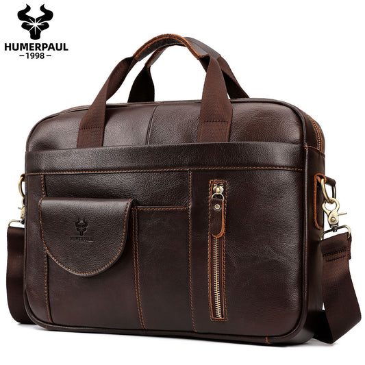Men's Genuine Leather Briefcase,Top Grain Cowhide Laptop Bag Coffee