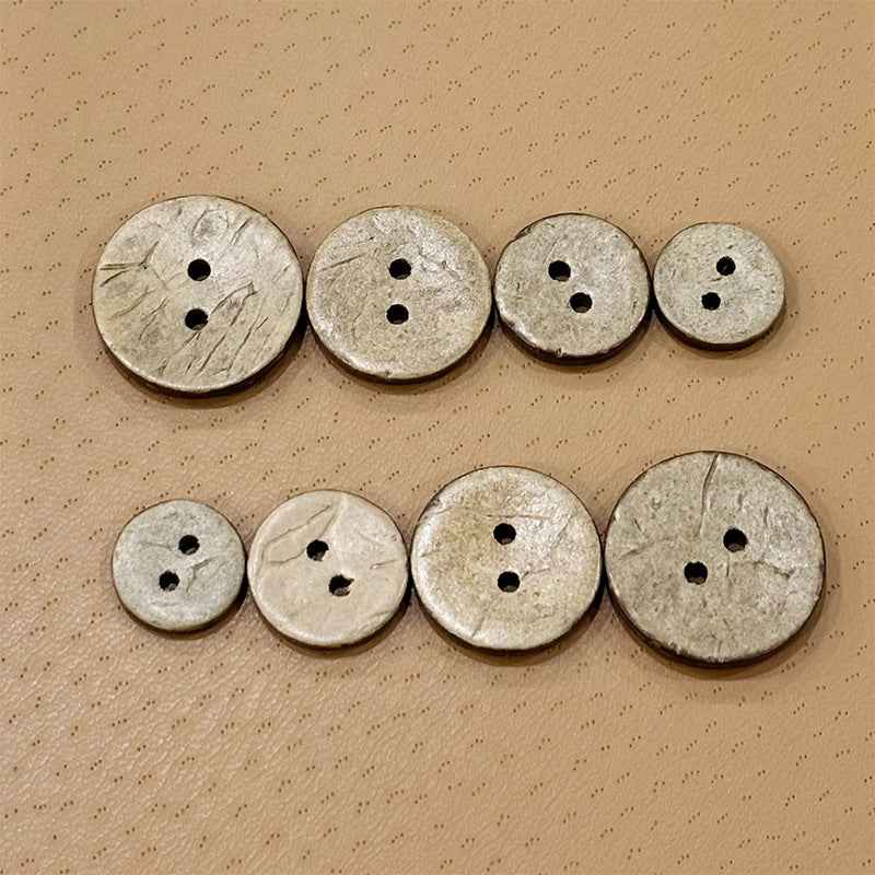 Vintage coconut shell button set with two holes, light gray, mixed sizes (9–30mm), 200 pcs